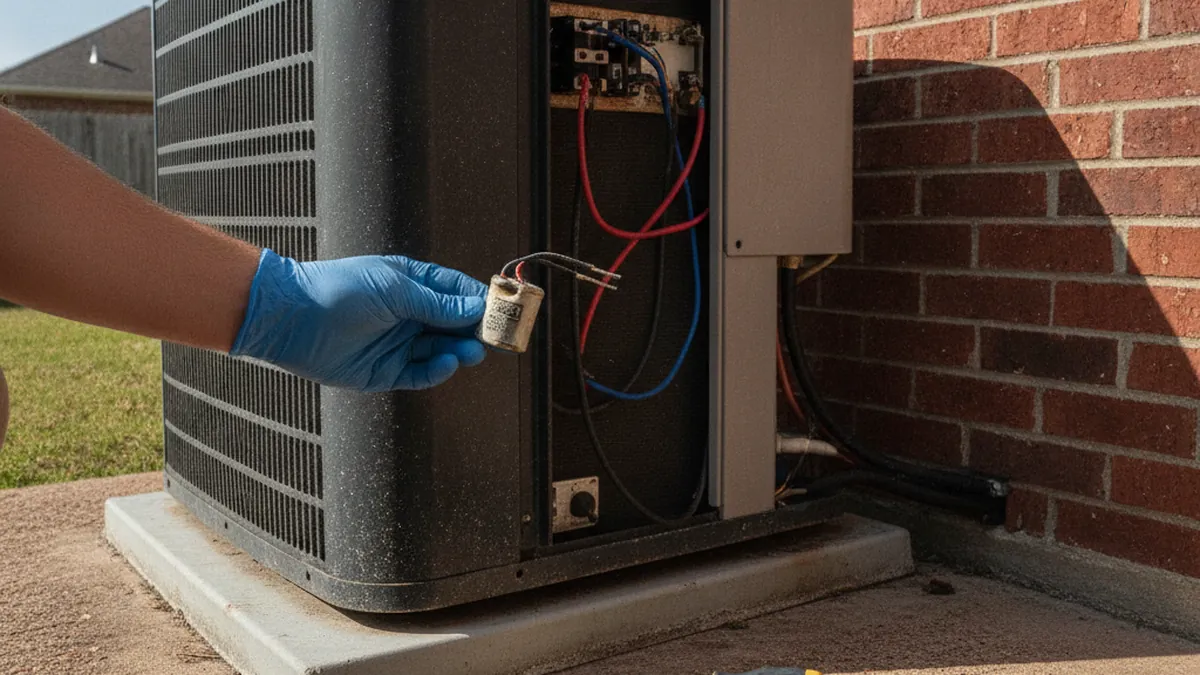 Technician holding a small AC capacitor next to an open condenser access panel
