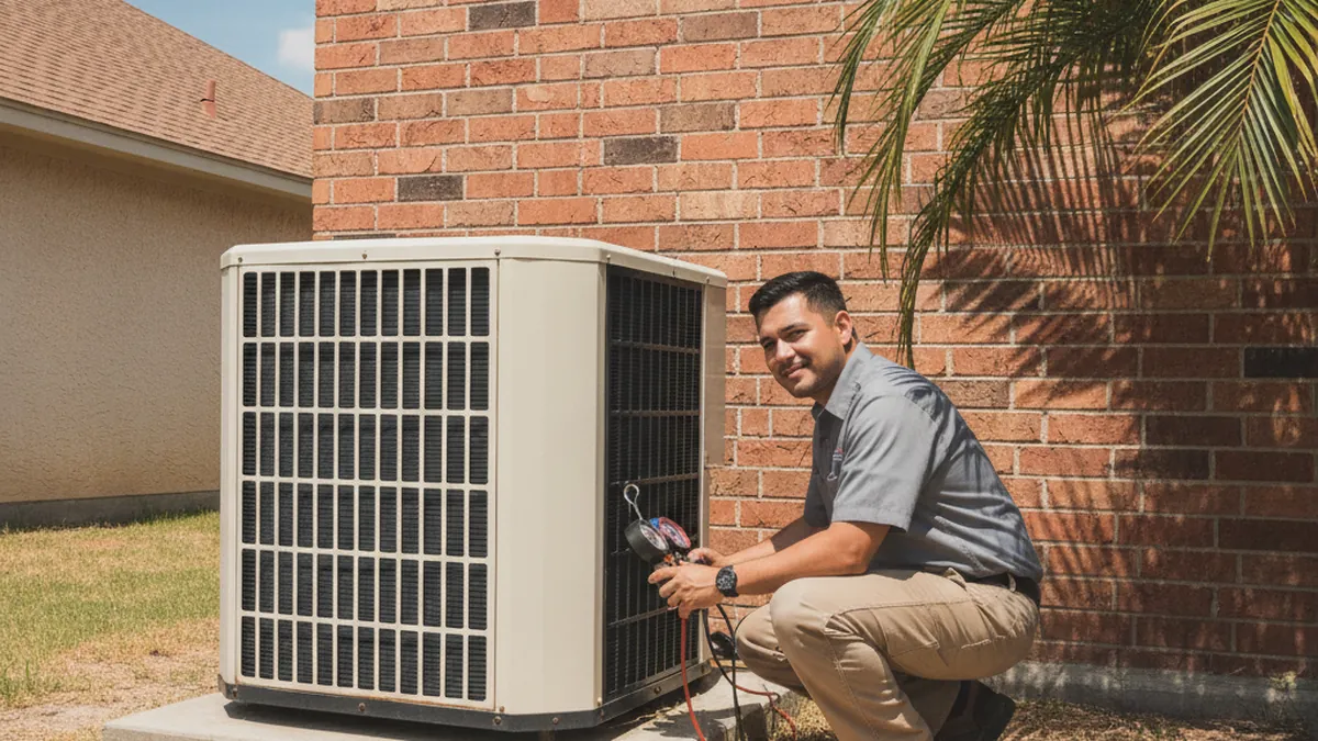 HVAC technician performing a diagnostic check on an outdoor AC condenser in Edinburg