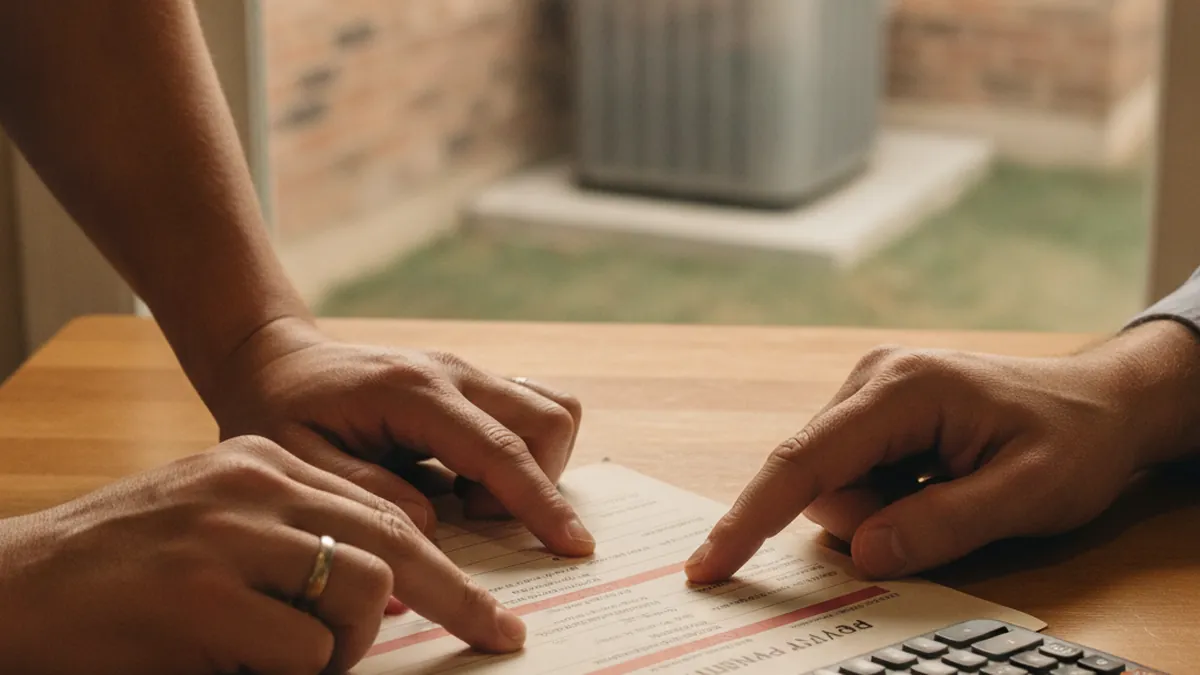 Hands reviewing an AC financing payment plan document next to a calculator