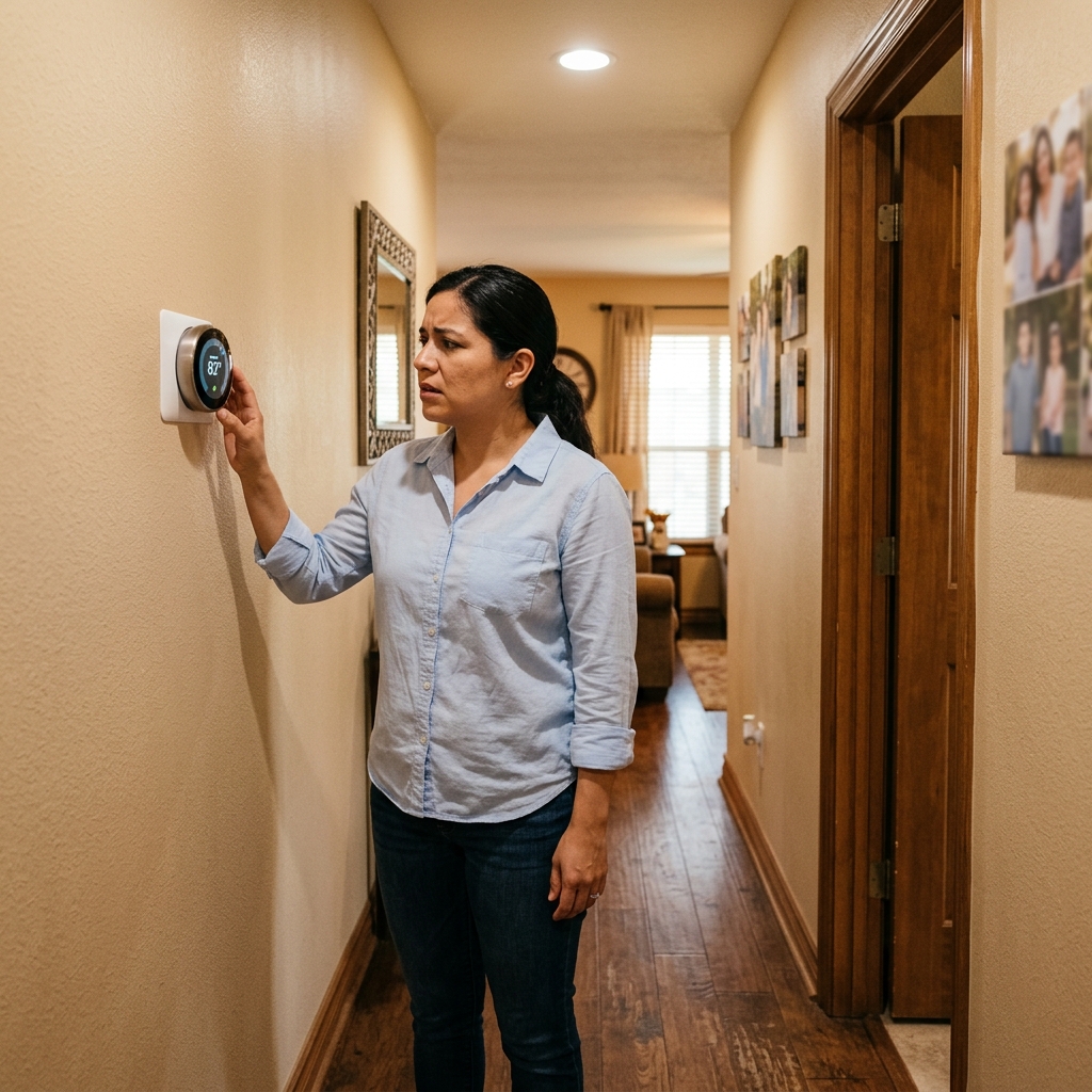 Woman checking thermostat after AC freezing up in McAllen home