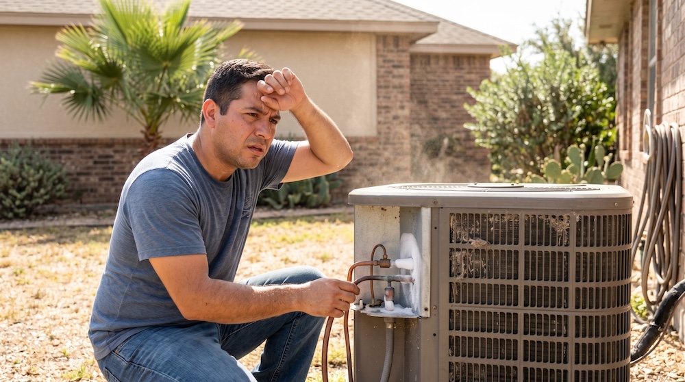 A frustrated homeowner crouches next to an outdoor air conditioning unit on a hot, sunny day, wiping sweat from his forehead. The AC unit's copper pipes have visible ice buildup on them. The background features a brick residential home, dry grass, a small palm tree, and a prickly pear cactus.