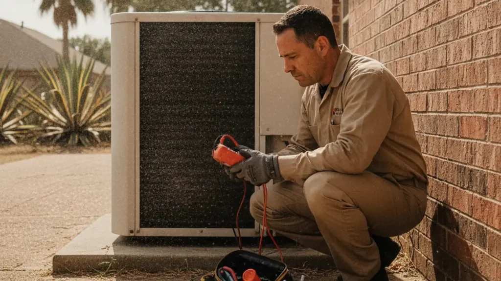 HVAC technician using a diagnostic meter on an outdoor AC condenser unit