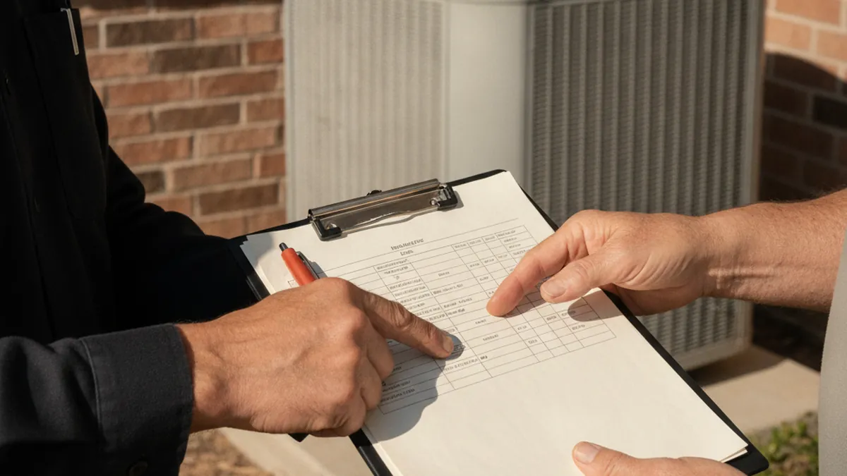 Technician pointing to a line item on a written AC repair estimate