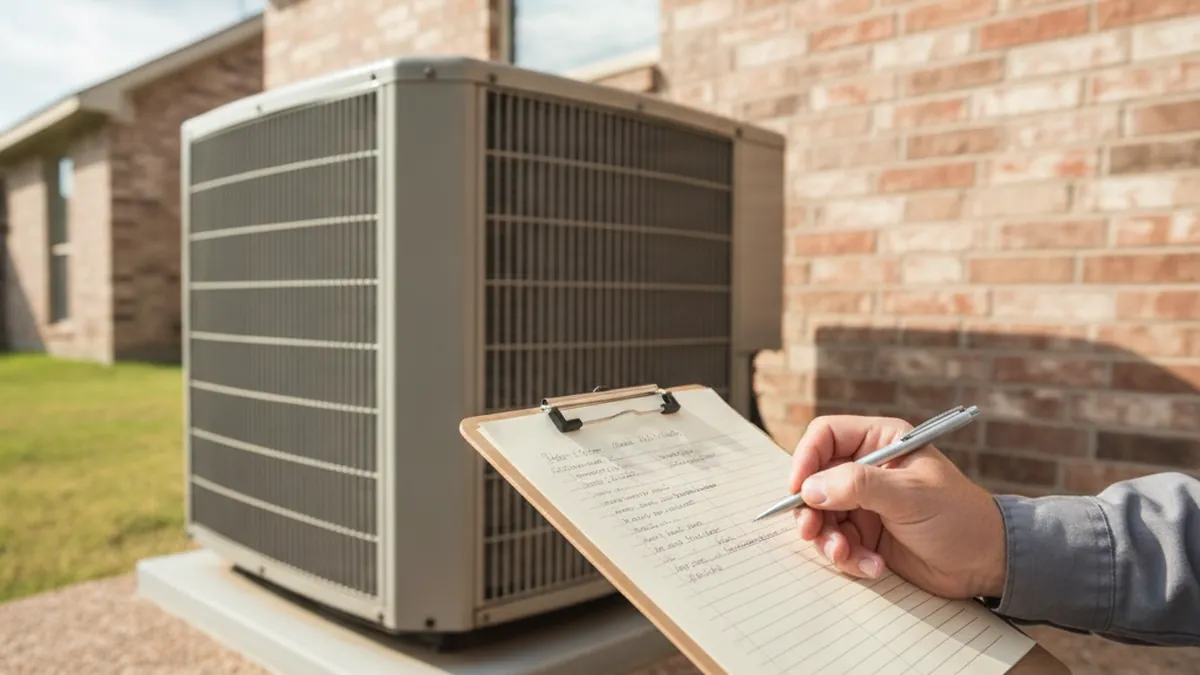 Technician writing an itemized AC repair price quote on a clipboard beside a condenser