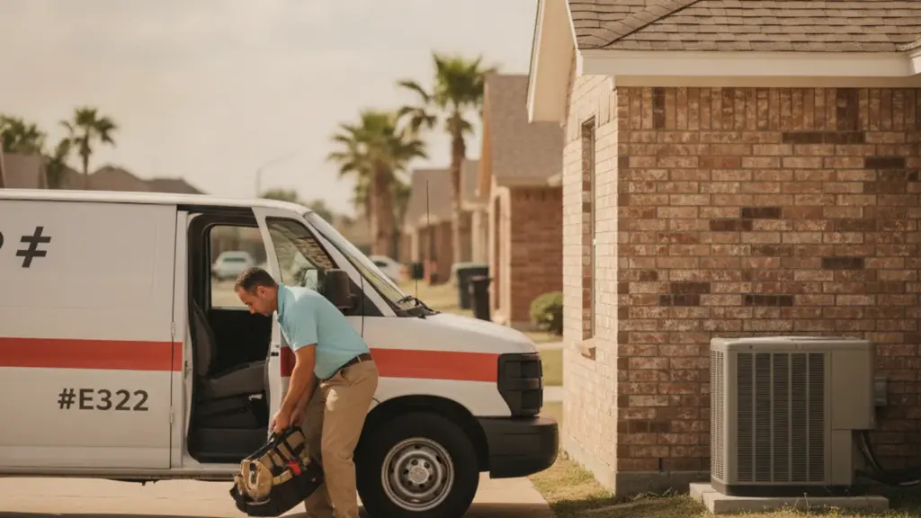 AC repair service van parked in front of a home in Edinburg, TX with technician unloading tools