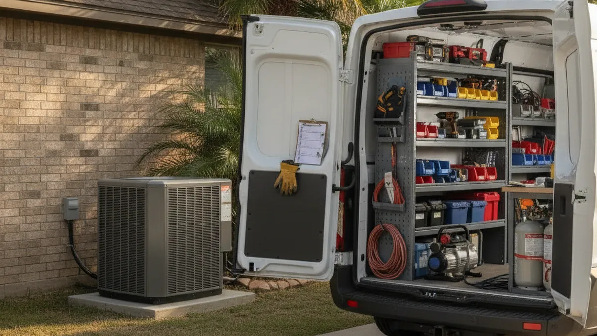 Organized tools in the back of an AC repair service van in a McAllen driveway