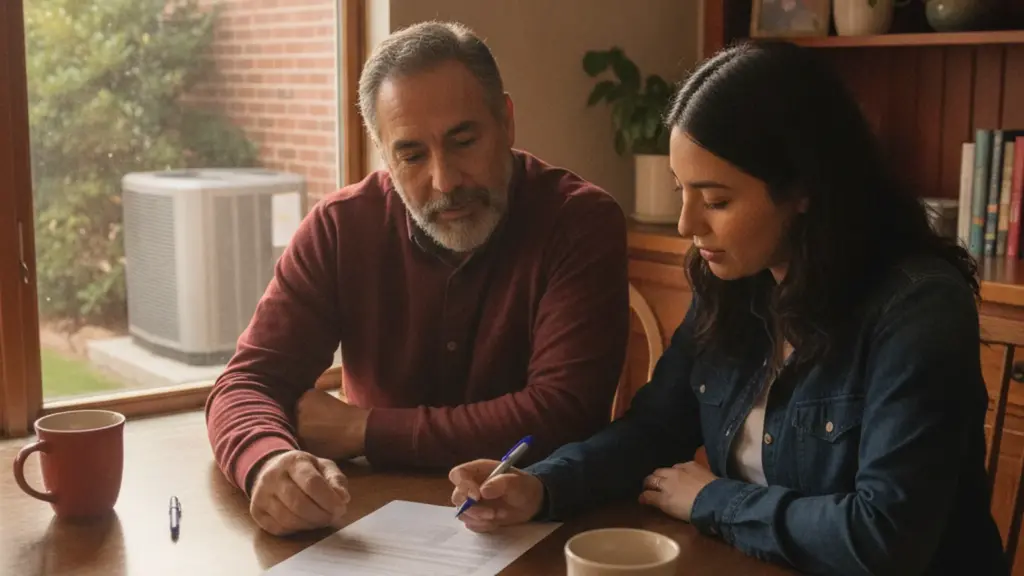 Homeowner and HVAC contractor reviewing an AC financing document at a kitchen table