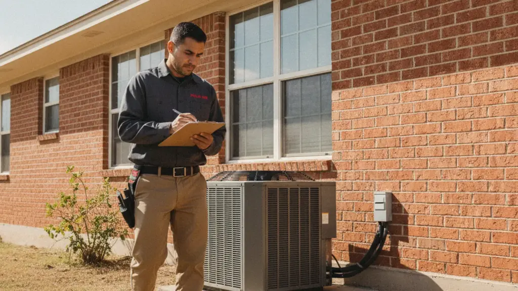 HVAC technician taking measurements and notes for an AC sizing assessment at a home