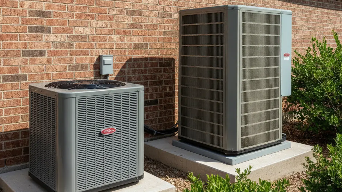 Two AC condenser units of different sizes shown side by side for comparison