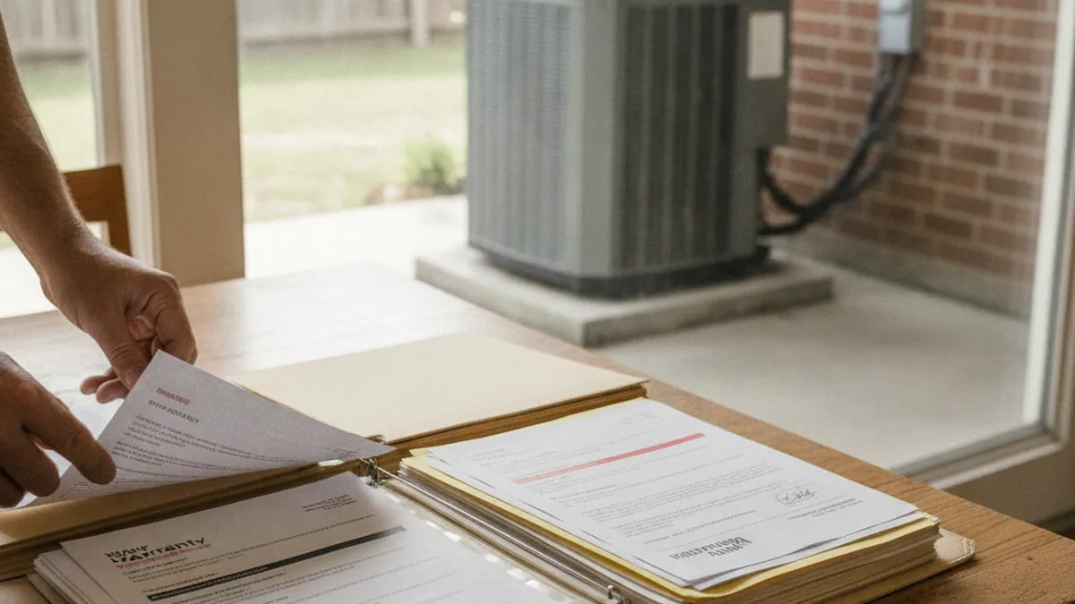 Homeowner reviewing a folder of AC warranty paperwork at a kitchen table