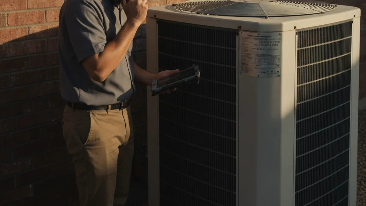 Technician on the phone cross-referencing an AC unit's data plate with warranty records