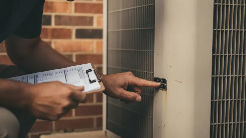 HVAC technician reading the serial number plate on an outdoor AC unit to check warranty status