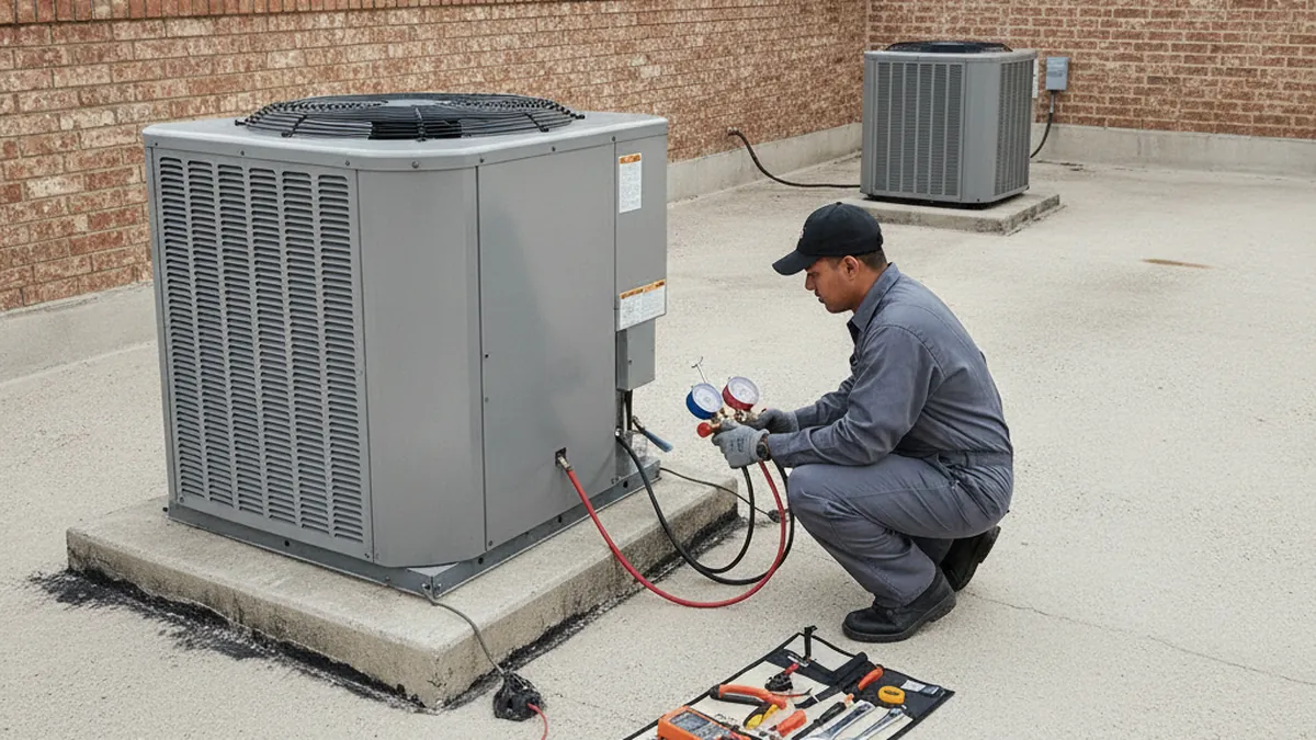 Technician performing a routine seasonal maintenance check on a commercial rooftop AC unit