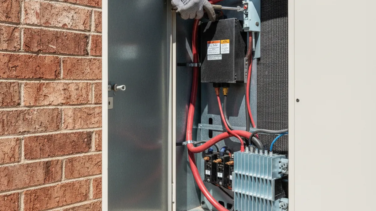 Technician's gloved hands adjusting a component inside a commercial rooftop AC panel