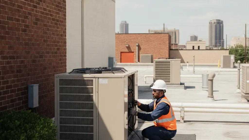 HVAC technician servicing a commercial rooftop AC unit on a McAllen building