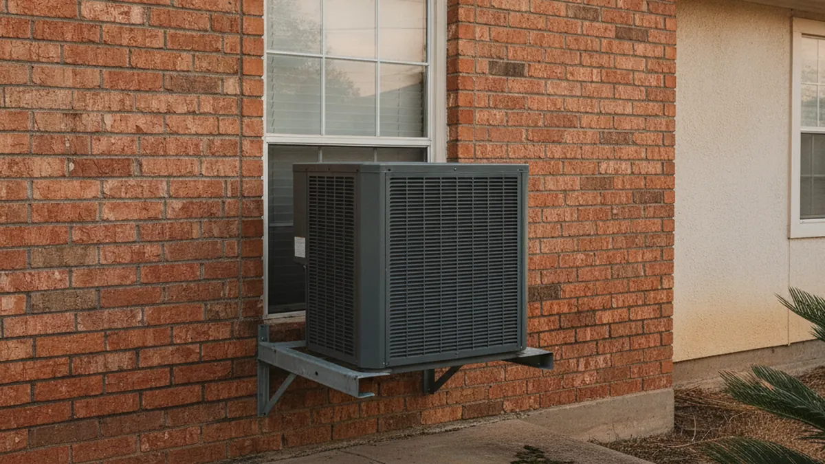 Compact ductless outdoor condenser mounted on a wall bracket beside an older home