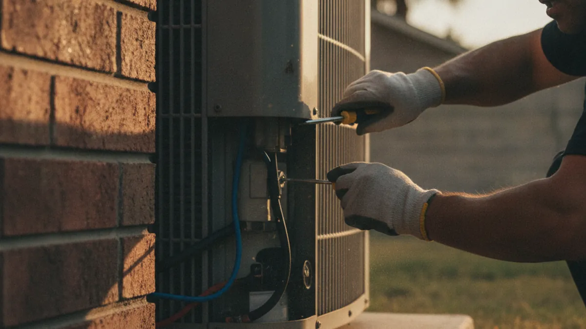 Technician quickly opening an outdoor AC condenser panel during an emergency call