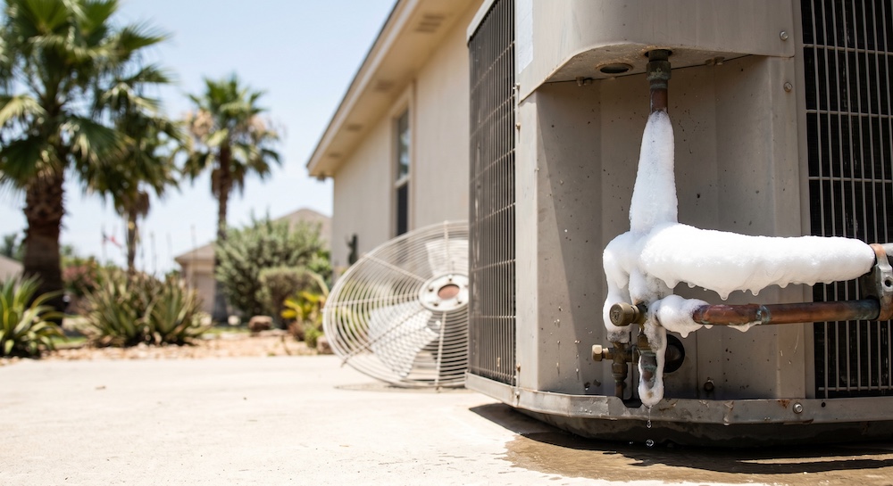 Ice buildup on the copper refrigerant lines of an outdoor air conditioning unit on a hot, sunny day in McAllen, Texas, indicating the need for emergency AC repair.