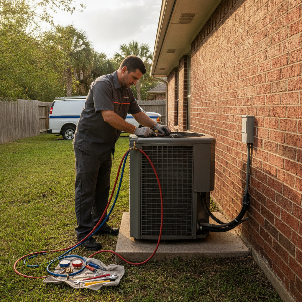 HVAC technician performing AC repair on condenser unit at McAllen Texas residential home