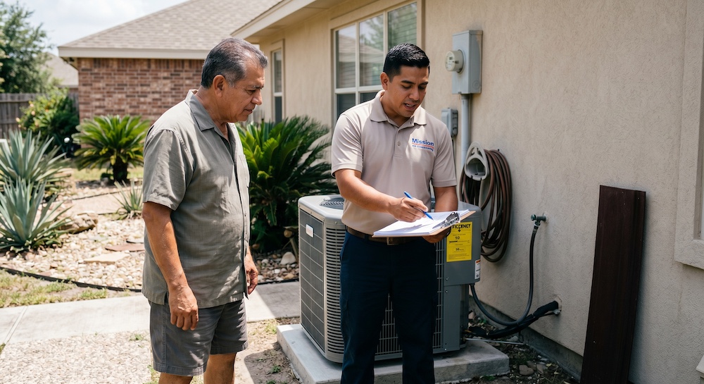 A Mission Air Conditioning HVAC technician discussing high SEER AC unit options and energy savings with a homeowner outside a residential home in McAllen, Texas.