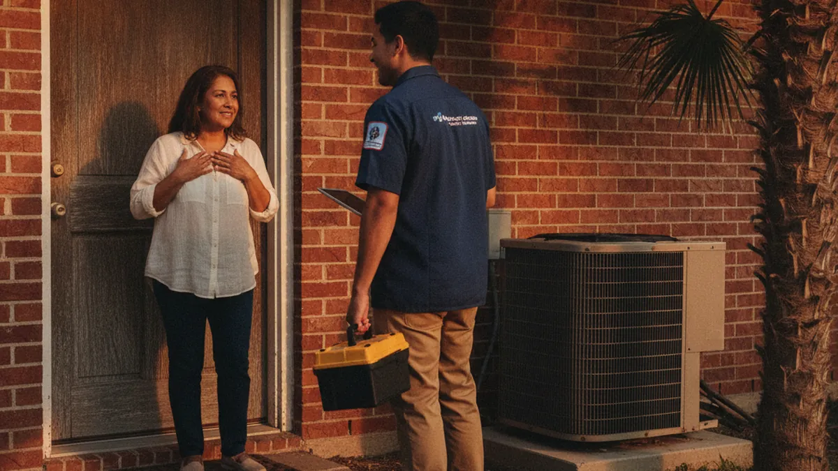 Homeowner opening the front door to greet an arriving AC repair technician