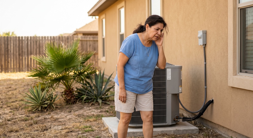 A concerned homeowner in McAllen, Texas, leaning down to listen closely to her outdoor air conditioning unit to identify strange clicking or humming noises.