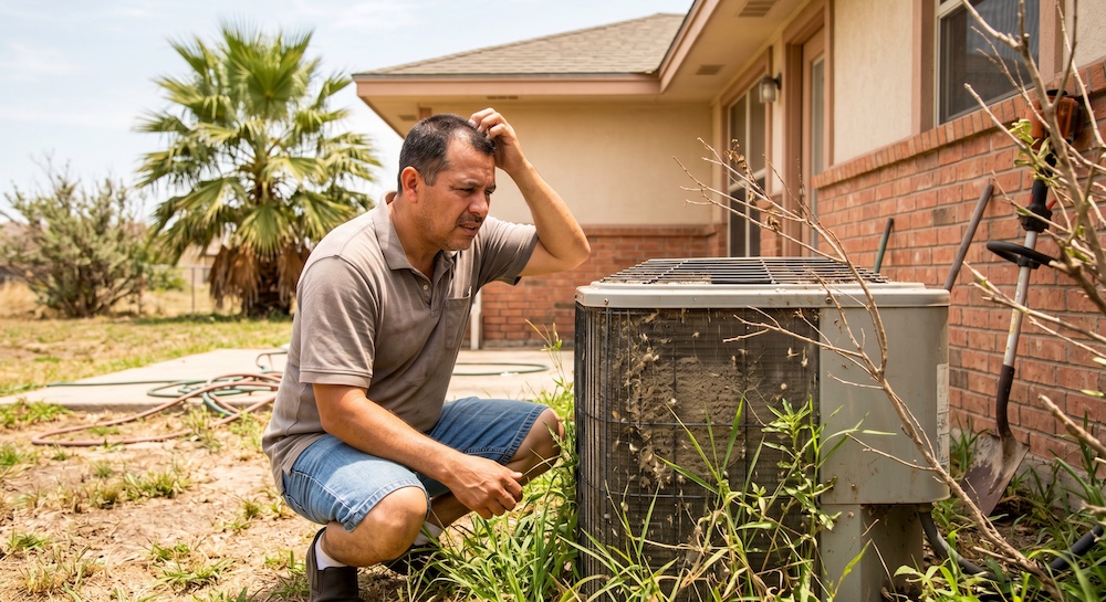 A frustrated homeowner inspects a dirty, overgrown outdoor AC condenser next to a brick house in McAllen, Texas, illustrating the consequences of skipping HVAC maintenance.