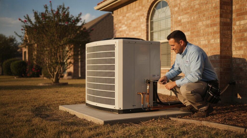 Homeowner evaluating aging AC condenser unit for replacement in McAllen South Texas