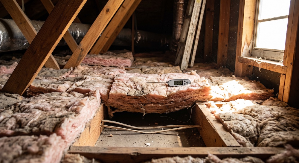 A dusty attic in a South Texas home showing old, settled pink fiberglass insulation between wooden joists and a thermometer displaying a high temperature, illustrating the extreme heat caused by poor insulation in McAllen.