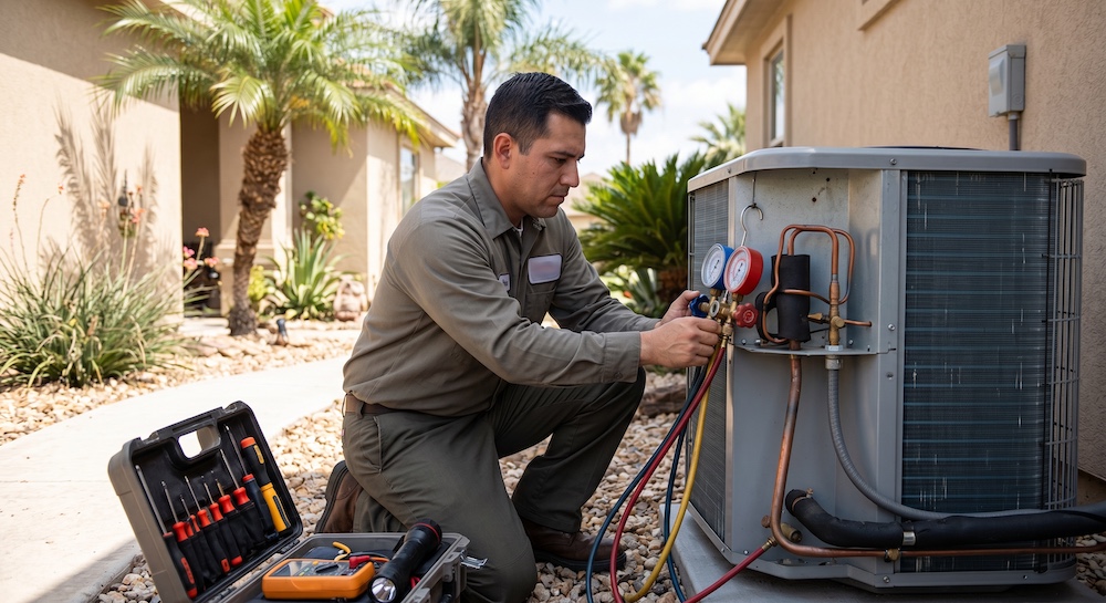 A professional HVAC technician checking refrigerant levels on an outdoor air conditioning condenser unit during a comprehensive AC tune-up in McAllen, Texas.