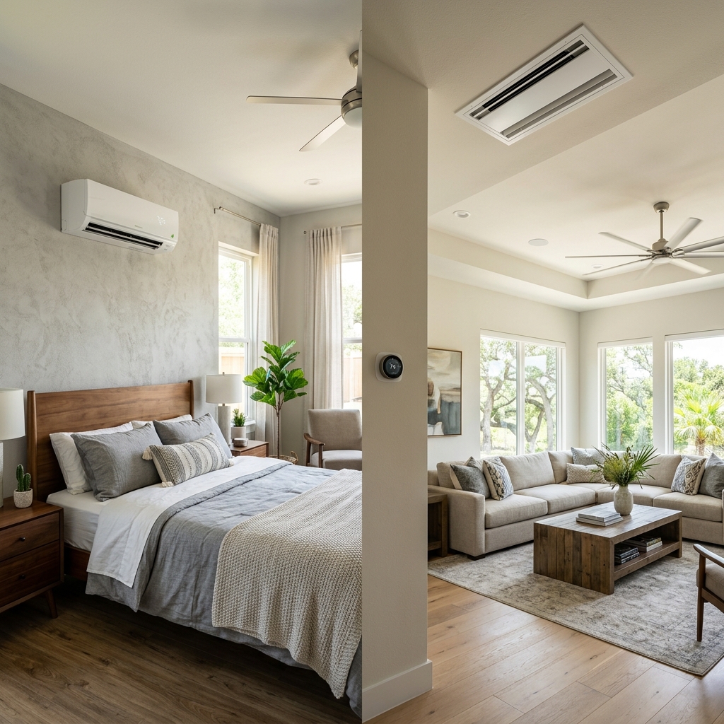 Side-by-side mini-split and central AC units installed in a McAllen home