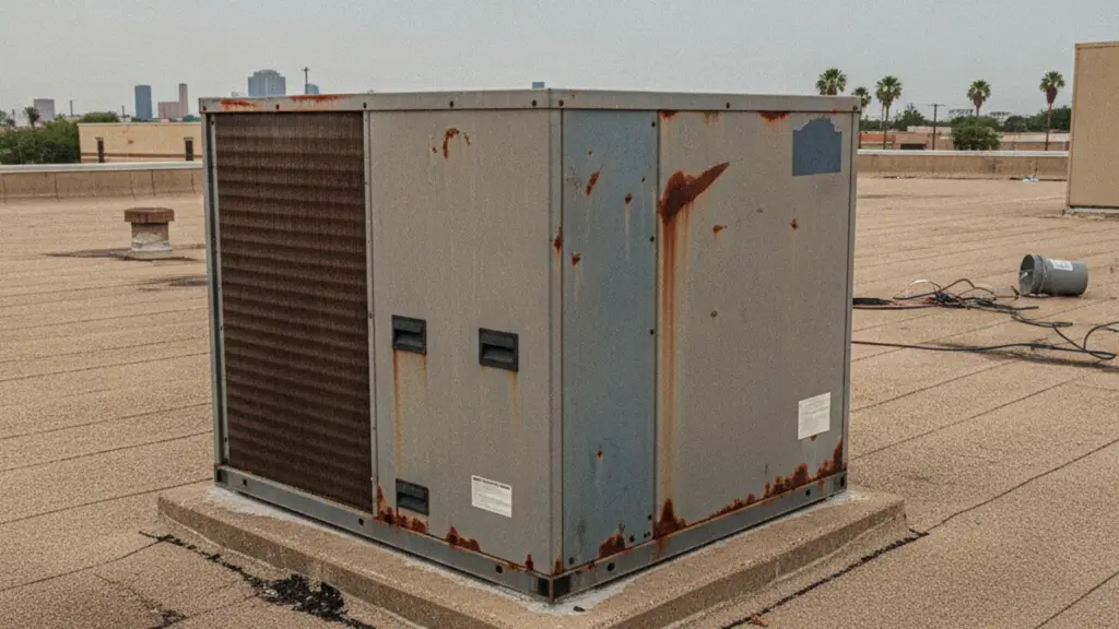 Neglected commercial rooftop AC unit showing visible rust and wear on a McAllen building