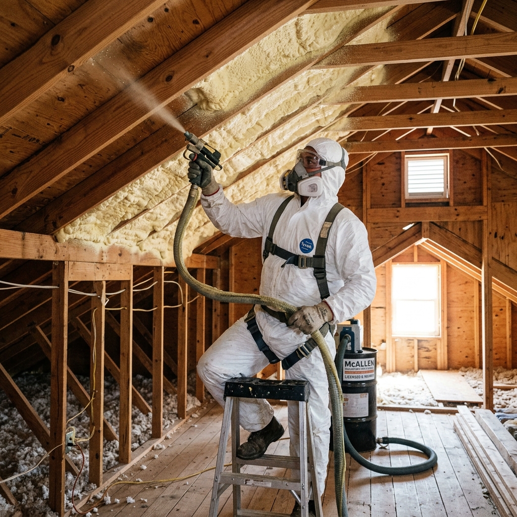 Spray foam insulation being applied in a McAllen home attic