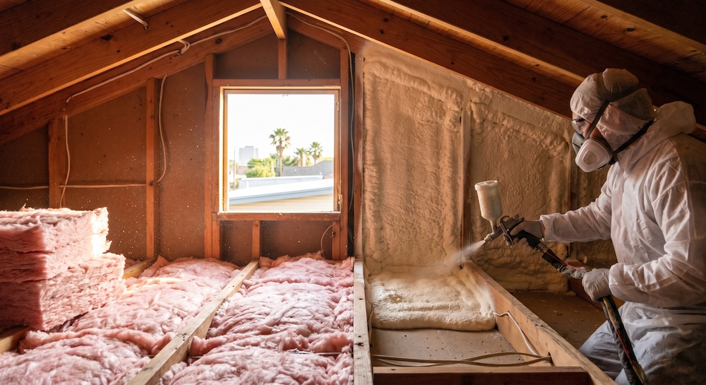 Side-by-side comparison in a residential attic showing traditional pink fiberglass insulation installed on the left, and a contractor applying expanding spray foam insulation on the right, with a sunny McAllen, Texas neighborhood visible through the window.